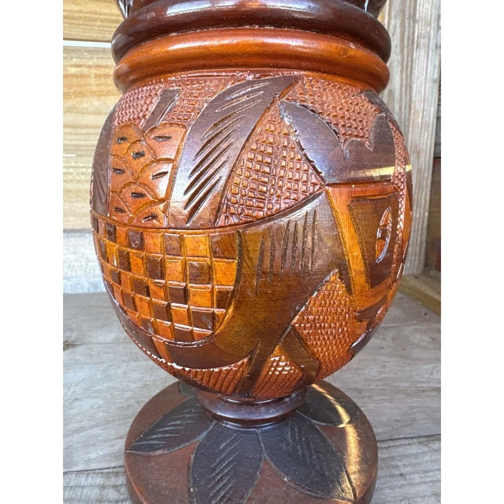 Vintage Hand Carved Wood  Bud Vase Folk Art Decor Flower Donkey‎ Palm Design